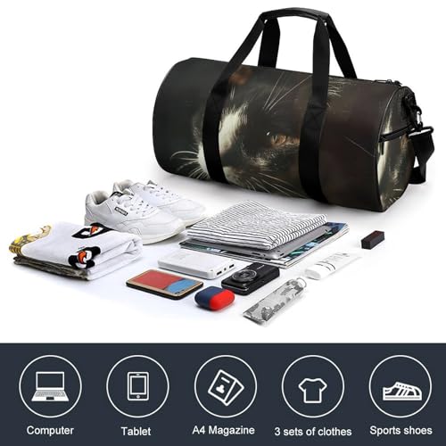 Gym Bag for Men Women Cat with White Eyes Duffel Bag Overnight Bag with Compartment Gym Sackpac4