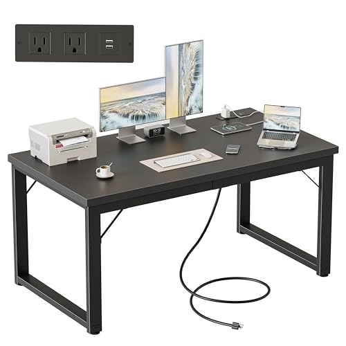 Image of 48 Inch Computer Desk with Power Outlets, 1.2 inch Thick Office Table | Modern Simple Style, Heavy Duty Industrial Frame, Small Study & Writing Table for Home Bedroom Work, Black