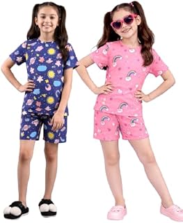LIKADO FASHION Classic Blue Girls Hosiery Cotton Nightwear Set Breathable Short Sleeve T-Shirt with Comfortable Shorts Price In India