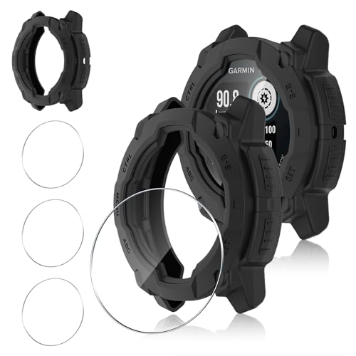 Funrae Hard Funda Compatible con Garmin Instinct 3 45mm AMOLED/Solar, 9H HD Cristal Templado Protector de Pantalla *3, Anti-Choque Parachoques Anti-rasguños Protector Marco Funda*1- Negro
