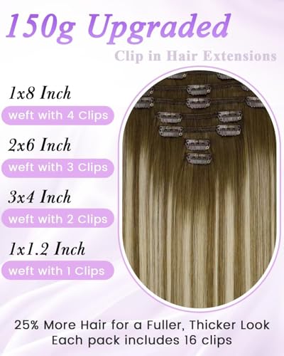 Image of LaaVoo Human Hair Clip in Extensions Dark Brown Ombre Light Brown with Blonde Hair Extensions 24 Inch Clip ins Brown Balayage Hair Extensions Clip ins Silky Straight 7pcs 135g