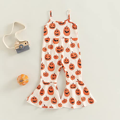 Toddler Baby Girl Floral Jumpsuits Kids Halloween Pumpkin Flower Strap One Piece Overall Romper Flare Pants Clothes (Pumpkin Orange,18-24 Months) #TOP2