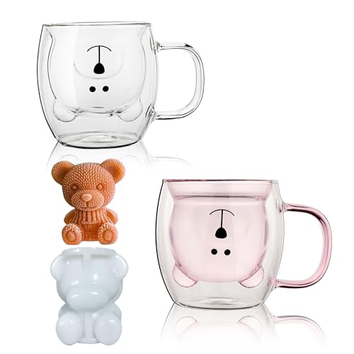 DONGSHANGIFT Set di 2 tazze da tè a forma di orso,in vetro a doppia parete, 250ml, con manico, isolante, per birra espresso, regalo di compleanno, per donne, uomini, San Valentino, (Bianco E Rosa)