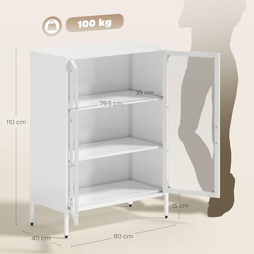 Homcom Armadio Portadocumenti In Acciaio A 2 Ante In Vetro Temperato, Schedario Da Ufficio Con Ripiani Regolabili, Mobiletto Multiuso Portaoggetti, Per Ufficio Studio Casa, 80X40X110 Cm, Bianco - 3
