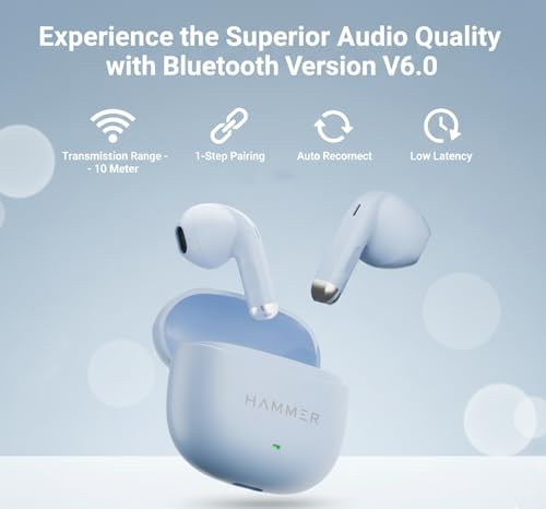 Image of HAMMER New Ultra pods 2026 TWS Wireless Bluetooth Earbuds with Inbuilt Mic, 100H Standby Time, 50H Playtime, USB Type-C, 13mm Dynamic Drivers, BT v6.0, IPX5 Water-Resistant Earphones (Blue)