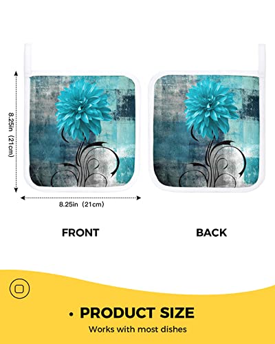 4 Pack Pot Holders For Kitchen,Blue Green Gradient Teal Turquoise Dahlia Floral Heat Proof Potholder Hot Pads Trivet,Flower Abstract Art Oil Painting Washable Coaster Potholders For Cooking Baking #TOP2
