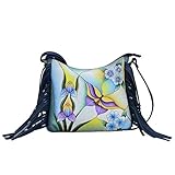 Anna by Anuschka Genuine Hand Painted Leather | Fringed Large Crossbody | Butterfly Glass Painting...