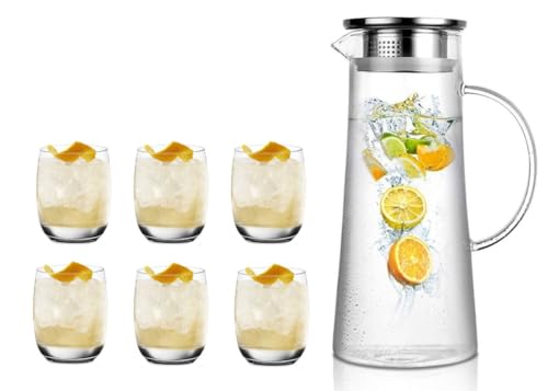 Image of Wringo Premium 7pc Crystal Water Jug with Glass Set and Jug Set Combo,Freezer Safe and Dishwasher Safe (6 Pieces Glasses 200ML and 1 Water Juice Jug 1 Liter), Transparent, Glass and Jug Set (WS-14)