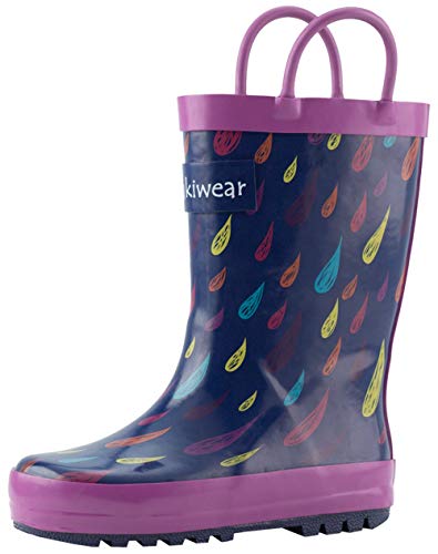 OAKI Kids Rain Boots Easy-on Handles, Colorful Raindrops, 3Y US Big Kid