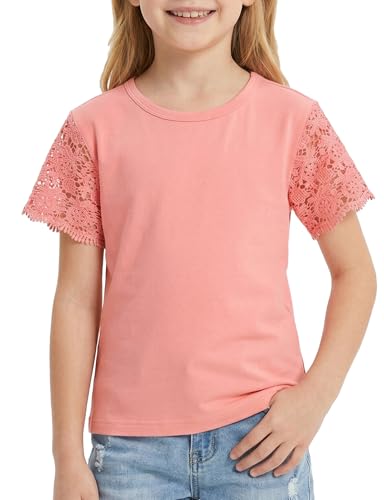 Image of Noomelfish Girls Lace Short Sleeve T-Shirts Kids Summer Cute Tops Blouse(5-12 Years)
