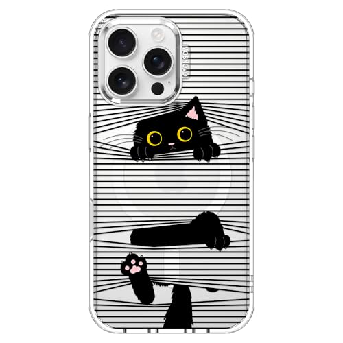 MOSNOVO Case for iPhone 16 Pro Max, [Compatible with Magsafe] [Buffertech 6.6ft Military-Grade Drop Protection] [Anti Peel Off Tech] Clear Phone Case Design - Hidden Black Cat