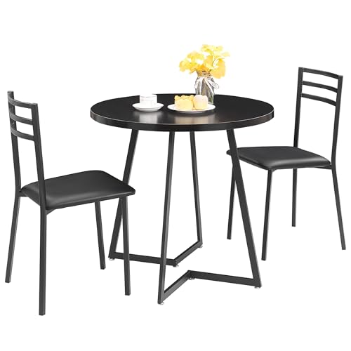 VECELO Small Round Kitchen Table with 2 Upholstered Chairs, 3-Piece Wood Dinette Sets with Steel...