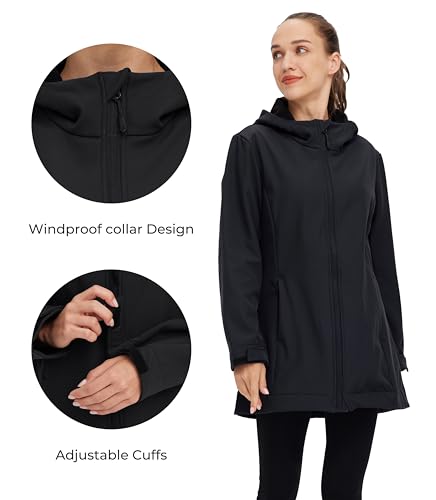 wantdo Women Softshell Jacket Fleece Lined Hooded Rain Coat Waterproof Windproof Windbreaker Jacket Lightweight Long Coat3