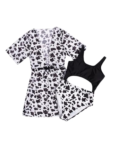 Milumia Girl's 2 Piece Swimwear Cow Print Colorblock Cutout One Piece Swimsuit with Cover Ups