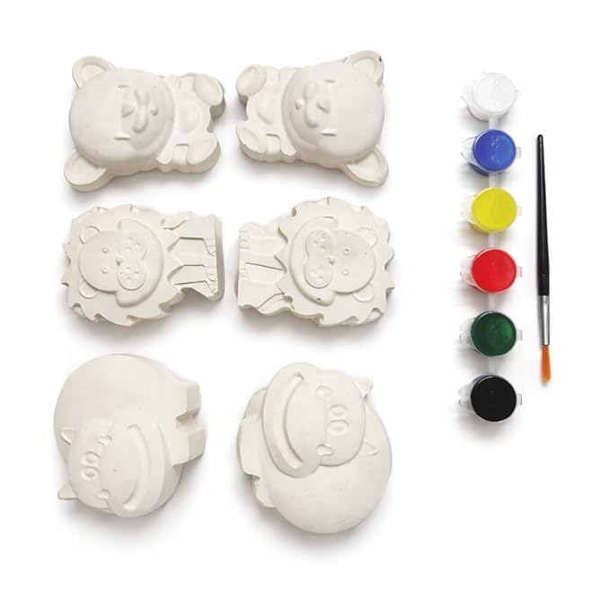 Image of EXPESIA DIY Animal Plaster Painting Kit for Kids, Lion, Hippo & Bear Figurines, 6 Colors with Brush, Ages 2+, 6 Pieces