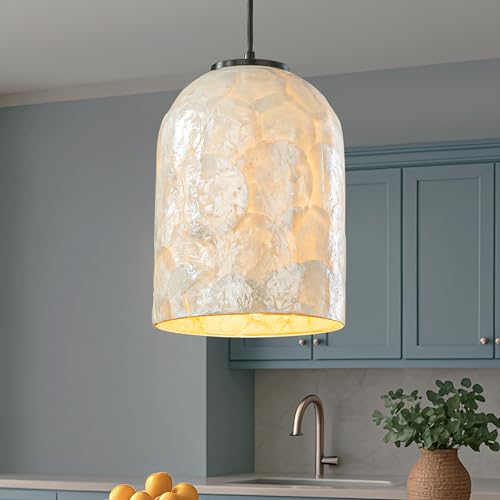 ALOADECOR 1 Light W7 in Small Coastal Capiz Shell Pendant Light Modern Farmhouse Cylinder Hanging Light Whit Natural White Seashells for Kitchen Island