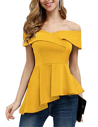 Women s Blouses and Tops for Work Office Elegant Off The Shoulder Peplum Ruffle Hem Shirts Yellow M