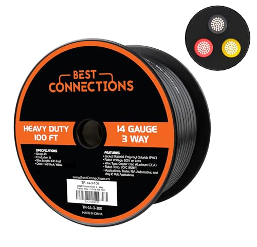 BEST CONNECTIONS 3 Way Trailer Wire Heavy Duty 14 Gauge 3 Conductor Insulated Cable Durable, Weatherproof, Color-Coded 3 Way Wiring Extension for RV and Automotive (100 Feet)