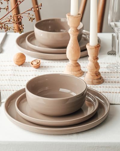 Image of Famiware Milkyway Stoneware Dinnerware Sets with Mugs, Service for 6 (24 Pieces), Plates and Bowls Sets -Scratch Resistant, Microwave and Dishwasher Safe Dishes Set, Cinnamon Brown