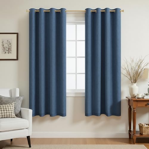 Image of 100% Blackout Linen Textured Curtains for Bedroom Full Light Blocking Room Darkening Bronze Grommet Window Drapes Thermal Insulated Energy Efficient Home Decor 52x63 Navy Blue (2 Panels)