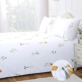 Yellow Flower Duvet Cover Set King White Floral Embroidered Elegant Botanical Wildflower French Country Cottage Green Leaves Fresh Summer 3 Pieces 230x220 Girls Bedding Set