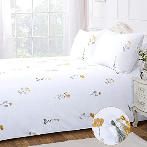 White Floral Duvet Cover Set King Yellow Flower Embroidered Elegant Botanical Wildflower French Country Cottage Green Leaves Fresh Summer 3 Pieces 230x220 Girls Bedding Set