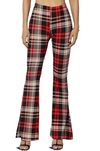 TheMogan Junior's 70s Lounge Plaid High Waist Flare Pants Checkered Soft Jersey Bell Bottoms Red M