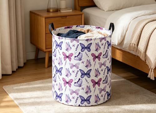 Image of Butterfly Laundry Basket for Nursery Cute Storage Bin Organizer Room Decor for Home(Purple Butterfly)