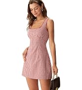 RIHOAS Plaid Gingham Mini Dress, Square Neck Spaghetti Strap A-Line Retro Dress for Fall Summer W...