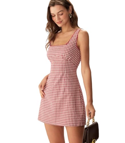 RIHOAS Womens Red Plaid Gingham Mini Dress Square Neck Spaghetti Strap A-Line Retro Dress for Fall Summer Wedding Guest Tea Party-XL