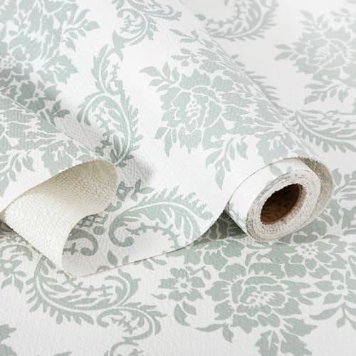 RAY STAR Shelf Liner, Non Adhesive Sage Green Damask Floral Kitchen Cabinet Liner for Pantry Drawer Pantry, Non Slip Waterproof, Shelf Liners for Kitchen Cabinets Cupboard 12 Inch x 10 FT (2 Rolls)