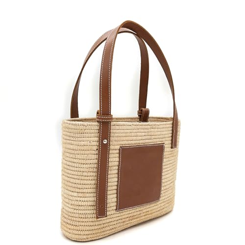 Bolso Tote de Raffia con asas de cuero miniatura 1