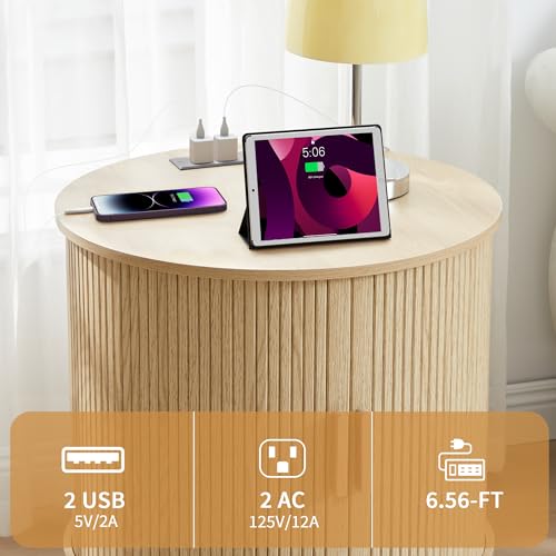 Image of 24 inch Fluted Round Nightstand Set of 2, Mid-Century Large Wooden End Table with Charging Station, Farmhouse Storage Side Table with Sliding Door for Bedroom Living Room (2XRound, Natural)