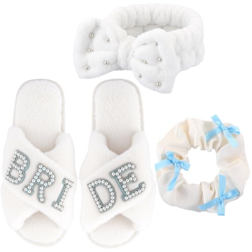 3 Pcs Bride to Be Gifts Set Bride Slippers Something Blue Hair scrunchie Pearl Headband for Wedding Day Engagement Bachelorette Party Supplies Bridal Shower Gifts