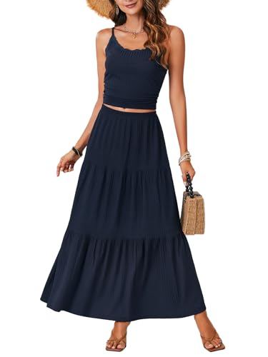 Vrtige Women's 2 Piece Outfits Spaghetti Strap Cami Crop Top and A Line Maxi Skirt Set