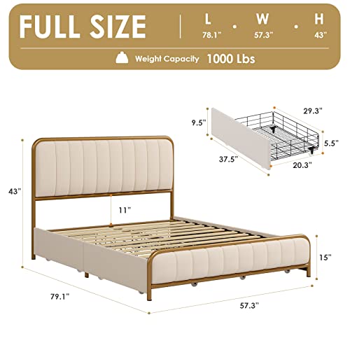 Hithos Upholstered Full Size Bed Frame With 4 Storage Drawers And Headboard, Heavy Duty Metal Mattress Foundation With Wooden Slats, Easy Assembly, No Box Spring Needed (Golden/Off White, Full) #TOP1