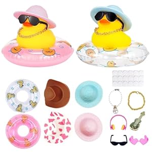 Patito a Flote Amarillo Juguetes de Baño, 14PCS Adornos de Pato de Goma para Coche con Anillo de Natación, Aombrero, Collar, Gafas, Juguetes de Regalo Pato Amarillo para Baby Shower