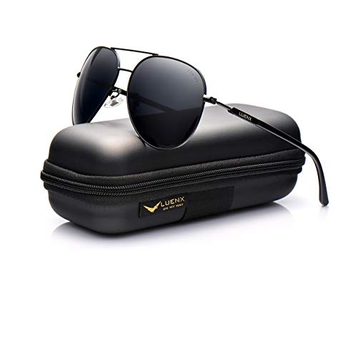 LUENX Aviator Sunglasses Mens Women Polarized Black Lens Black Metal Frame Dark 60mm with Case - UV400