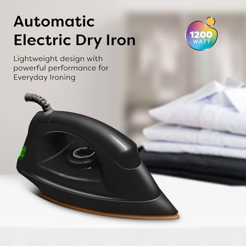 Image of Wipro GD208 Automatic Electric Dry Iron 1200 Watt With Large LED Indicator | Large Soleplate|Anti Bacterial German Weilburger Double Coated Soleplate | Quick Heat Up - 1200 Watts, Black
