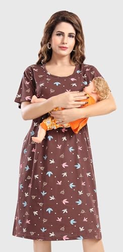 Image of Fabme Women's Above Knee Length Printed Pre and Post Pregnancy Pure Cotton Nursing Nightdress Nighty