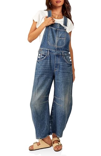 PLNOTME Womens Denim Bib Overalls Barrel Leg Adjustable Strap Jean Jumpsuit