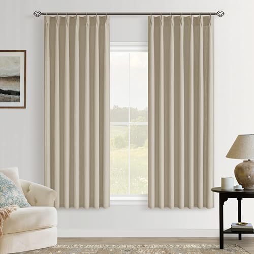 Image of Khaki Tan Linen Kitchen Curtains 63 Inches Long 2 Sets Light Filtering Bedroom Curtains for Small Window Light Brown Pinch Pleated Linen Short Semi Sheer Back Tab for Bay Windows Living Room Dining