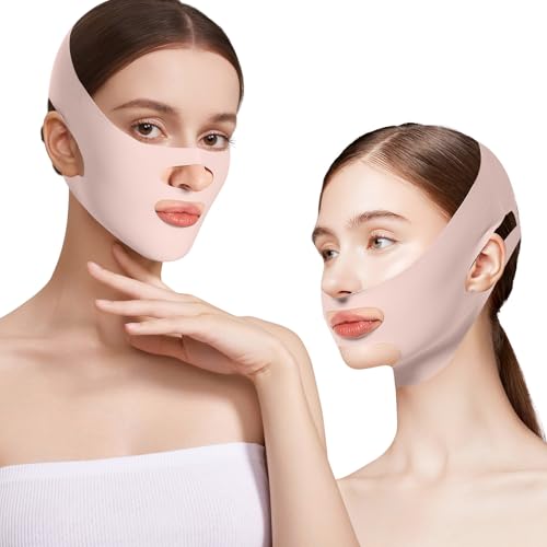 VEGCOO 2 confezioni di cinghia dimagrante viso doppia menta maschera dimagrante a forma di V, guaina viso anti doppia menzione, per eliminare il cedimento, pelle lifting rassodante anti rughe, rosa