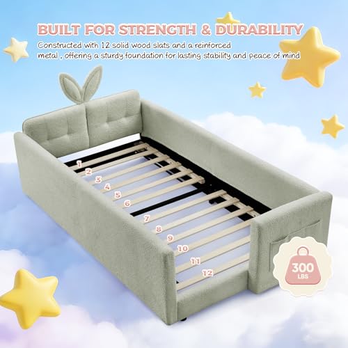 Image of Twin Size Bed Frame for Kids, Upholstered Daybed Frame Floor Bed with Safety Rails and Storage Pocket Cute Rabbit Ear Shaped Headboard for Kids Teens Boys Girls, Green