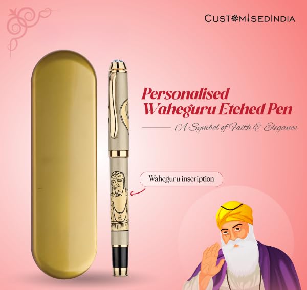 Image of Guru Nanak Dev ji Etched Pen | Onkar and Khanda Sword Inscribed Pen for Gfiting Stylish Engraved Metal Pen, Gift for Office Use (Lord Waheguru) | Punjab and Sikh Divine Pen