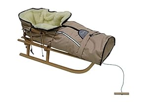 Holzschlitten für Kinder mit Rückenlehne Rodelschlitten Davoser Schlitten aus Holz mit einem Sicherheitsgurt, Rückenlehne und Winterfußsack (Natur/Beige Schlafsack)