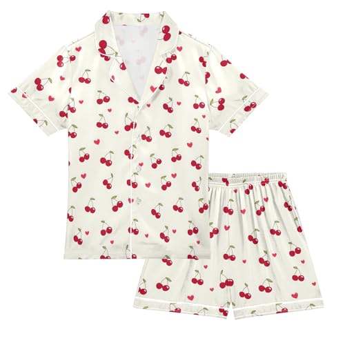 Red Cherries and Hearts Prints Summer Satin Pajama Set, Cute Button-Down Sleepwear Pj Set for Sleep Wears
