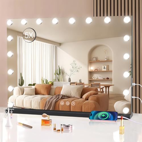 halumao Kosmetikspiegel mit Lichtern 80 x 60 cm großer Make-up-Spiegel mit LED-Lichtern Smart Touch dimmbares 3-farbiges Licht Memory-Funktion USB-Ladeanschluss schwarz