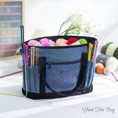 Image of MYBAGZING Canvas Yarn Storage Organizer Bag Washable Crochet Bag with Pockets for Yarn, Hooks, Needles - Travel Knitting Tote for Crafters - Gift for Crocheters & Knitters (Medium /Large)