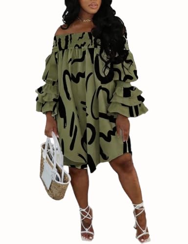 Image of WOKANSE Party Dresses for Women Off Shoulder Layered Flare Sleeve A line Ruched Plus Size Midi Summer Dress